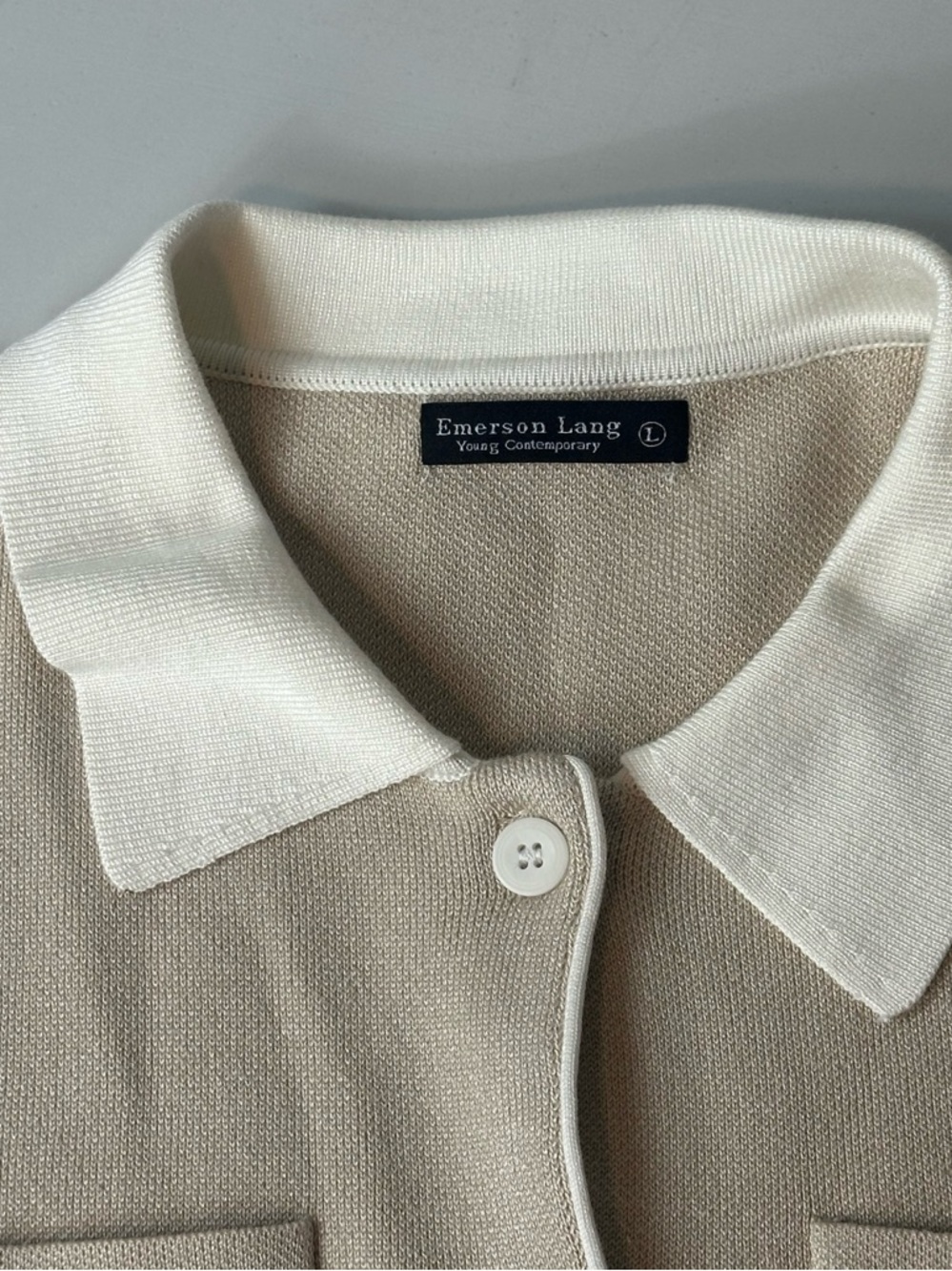 Emerson Lang Young Contemporary Classic Polo Beige Cardigan Sweater Size Large - Picture 9 of 11